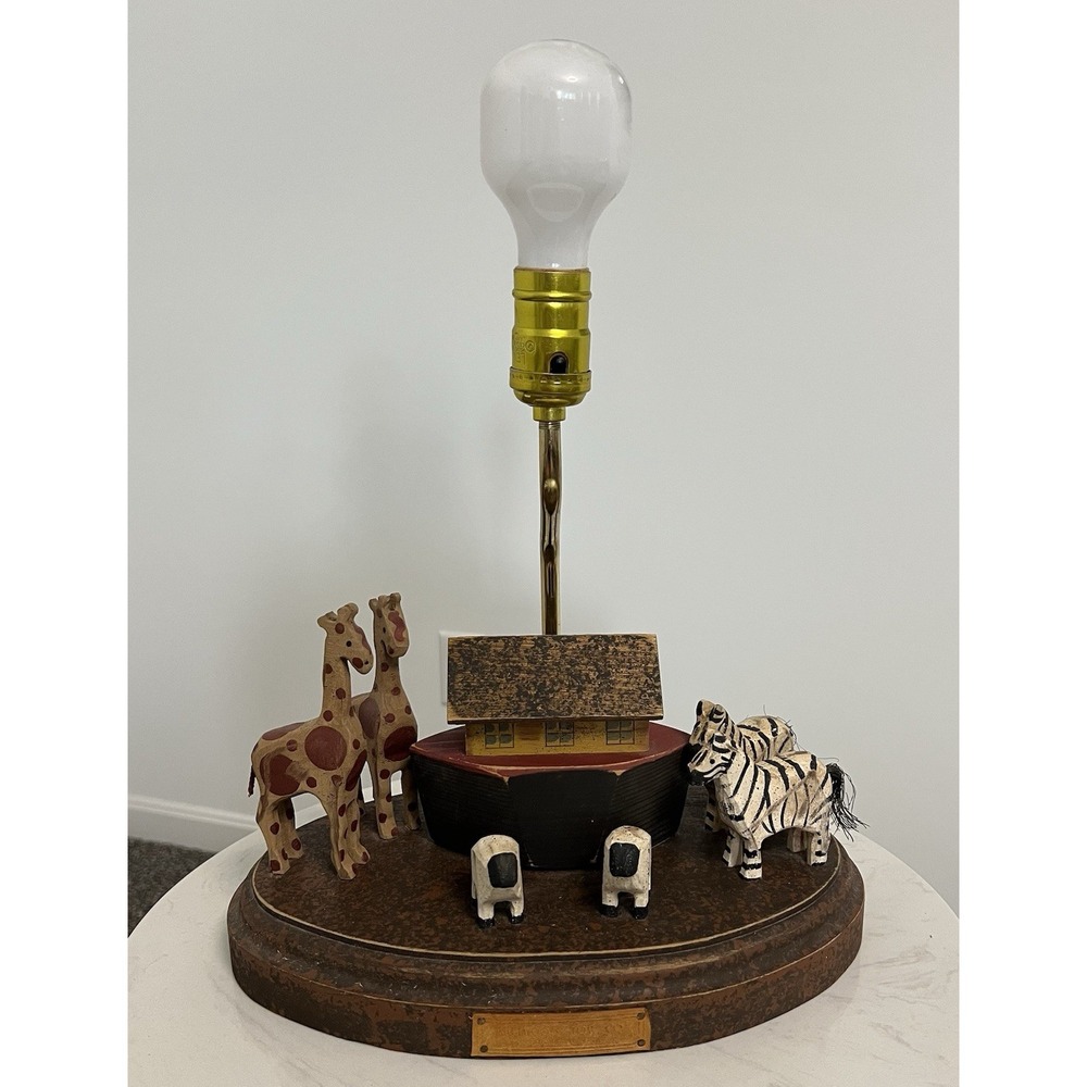 Hand Carved Wood Folk Art Vintage Lamp Noah's Arc Animals Boat‎ Nursery Bible